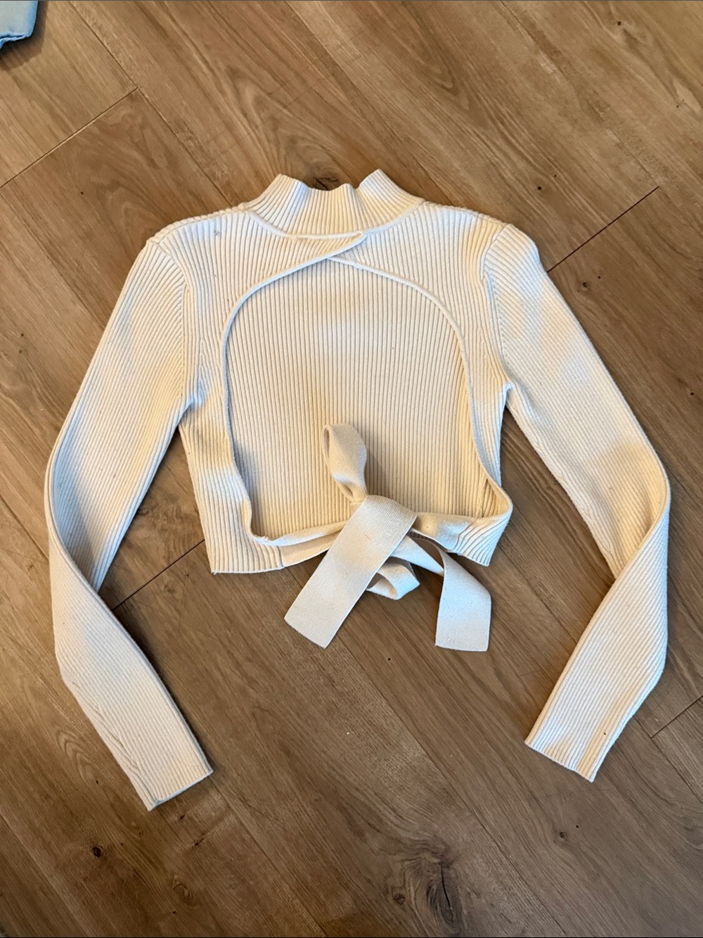 Zara Ribbed Tie-Back Cropped Sweater Top - Cream